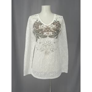 CAbi Shirt Womens Medium White Thermal Long Sleeve V Neck Paisley Burnout Y2k